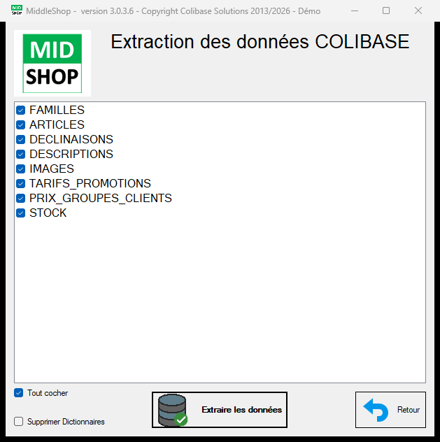 Écran Extraction des données Colibase