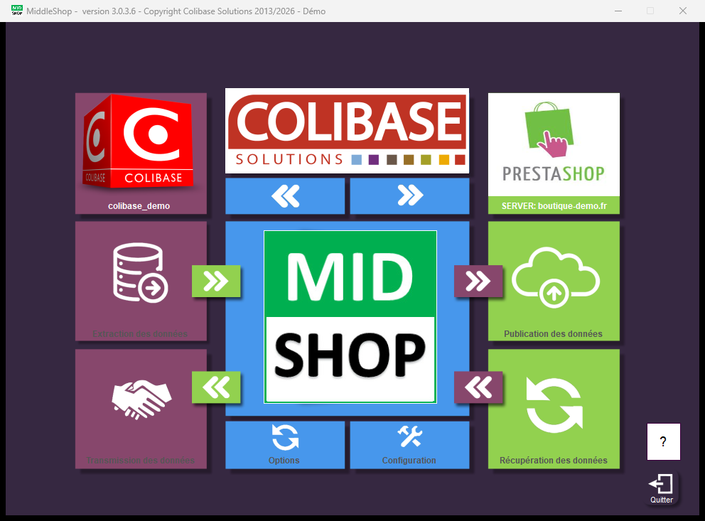 Écran d'accueil de MiddleShop : extraction, publication, récupération et transmission des données entre Colibase et PrestaShop